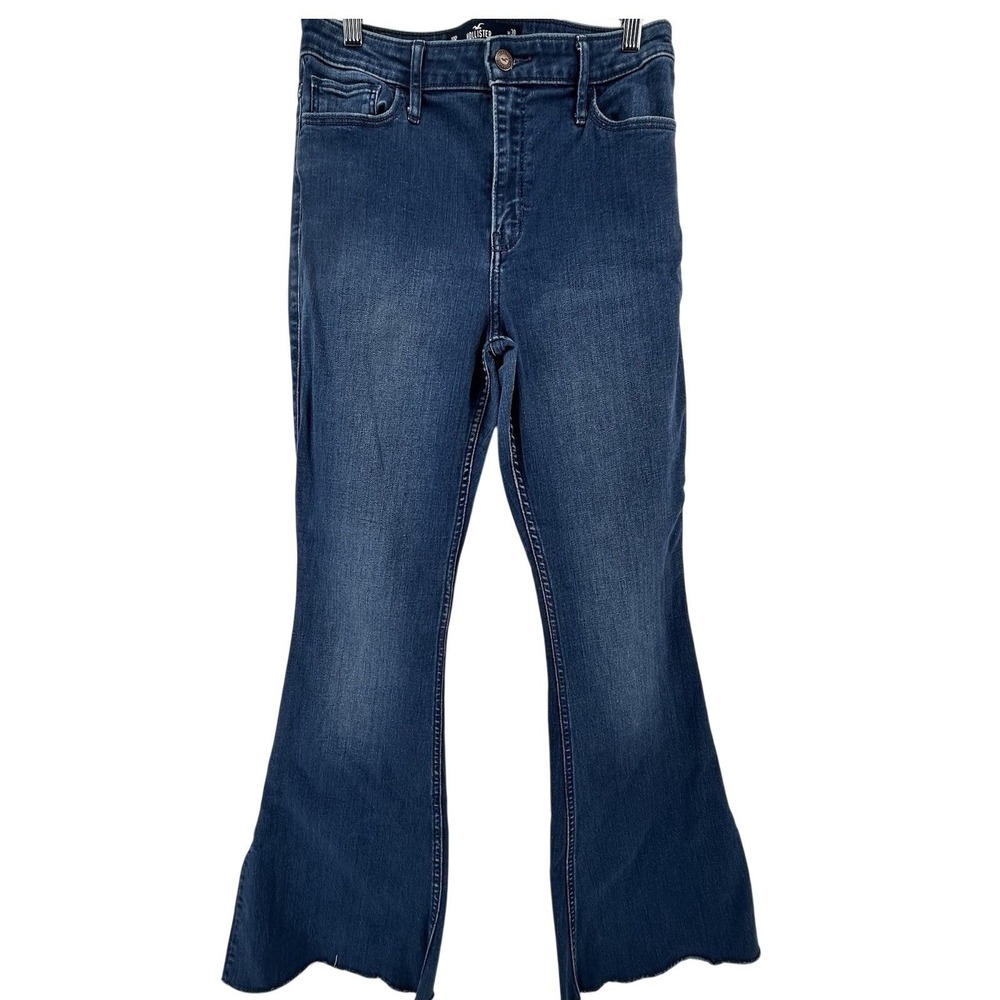 Hollister High Rise Flare Jeans Womens 11R Dark Wash Raw Hem Stretch 30/31